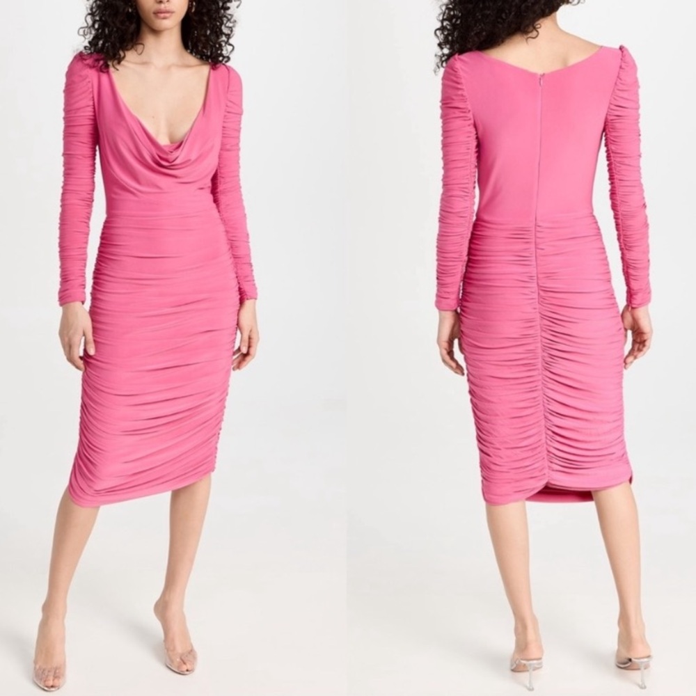 Aliette Ruched Long Sleeve Plunge Neckline Midi Dress Pink Size 4